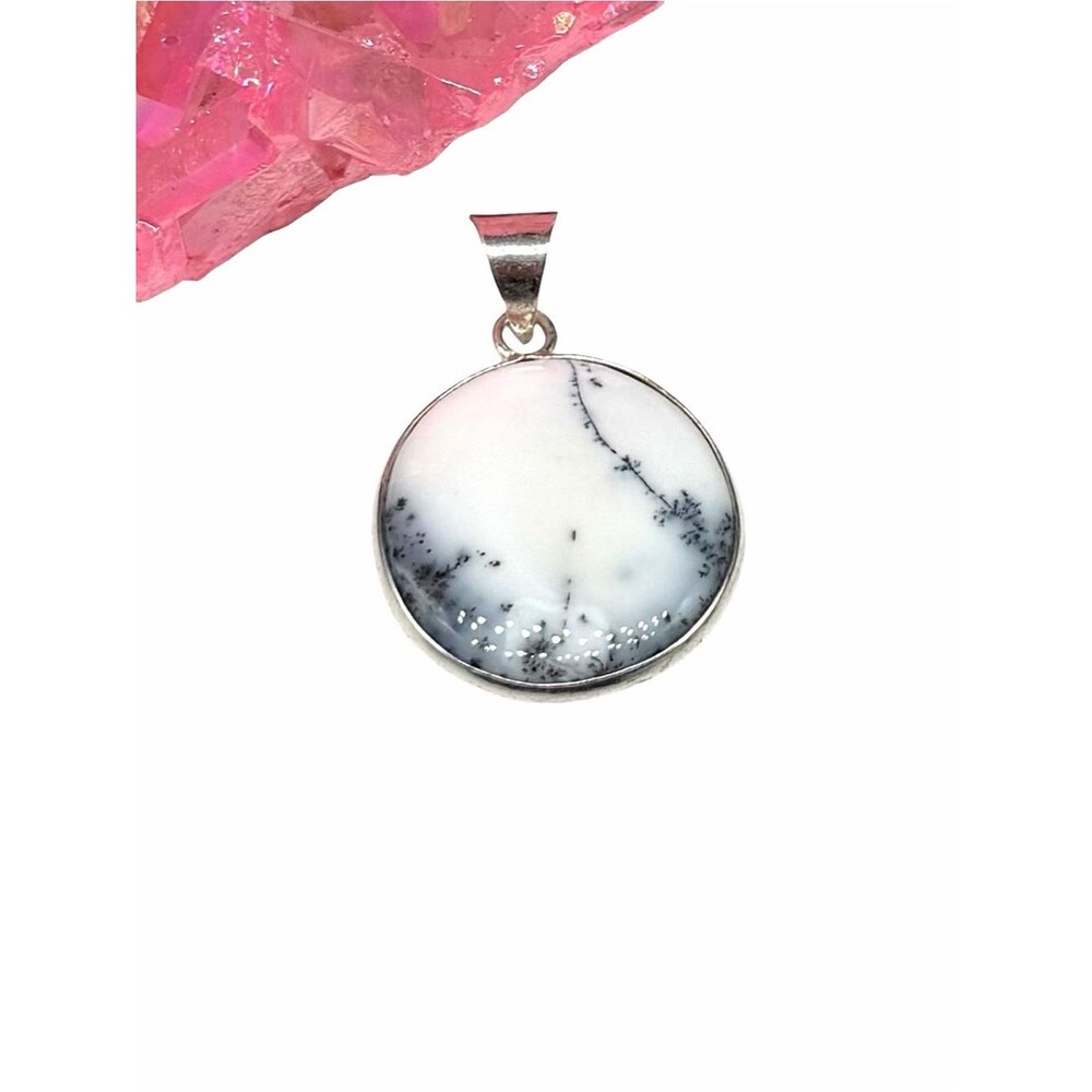 Dendritic Opal Necklace Pendant 925 Sterling Silver Overlay